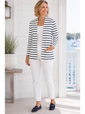 Chico's Striped Cotton The Ultimate Tee Collection Cotton Nautical Cardigan SZ 0